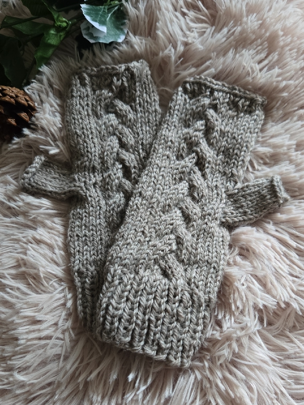 NEW Handmade Hand-Knit Cable Fingerless Mittens in Taupe 100% Merino Wool